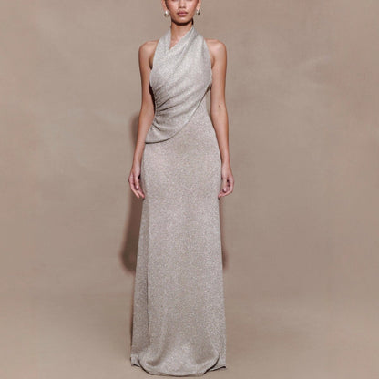 Fashion pleated diagonal neck neck knitted hip skirt backless sexy dress