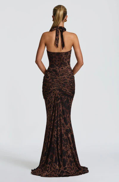 Sexy hip skirt streamer neck deep V-neck slim fit Spice Girl leopard print dress