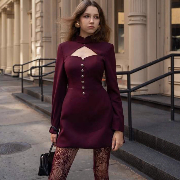 Fashion retro sexy waist small fragrant short skirt slim fit Spice Girl long sleeve dress