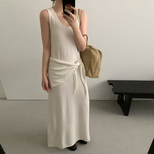 U-Neck Sleeveless Dress Women High Waist Wool Knit Maxi Two-Piece