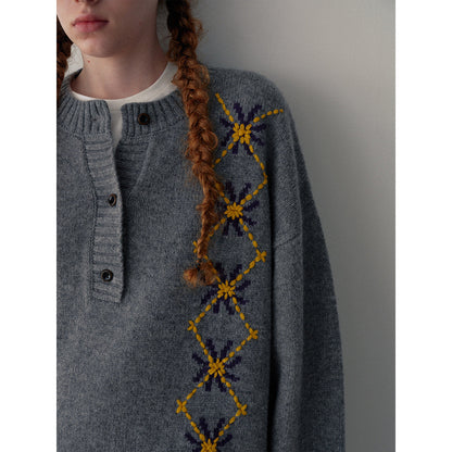 Early spring new casual crew neck hand-embroidered all-wool versatile woolen pullover top