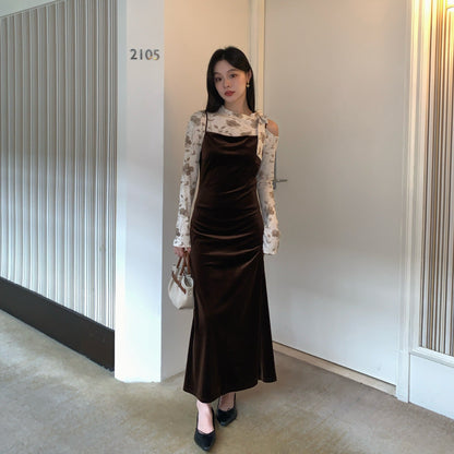 Vintage fashion slanted shoulder lace-up floral long-sleeved base shirt