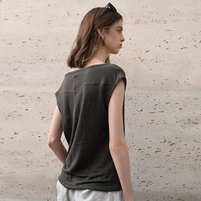 Hemp Sleeveless Top Women Slim Fit Swing Collar Knitted Shirt