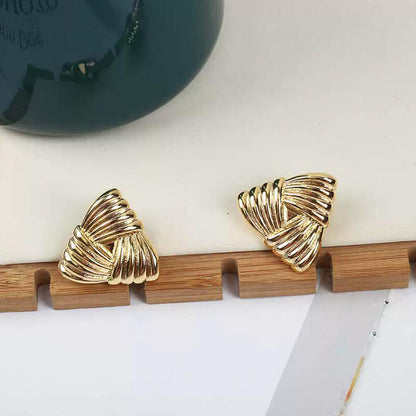 ins niche temperament retro feather pleated earrings women's gold striped wrapped triangular stud earrings