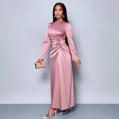 New solid color high-end satin dress fashionable and elegant temperament light evening dress