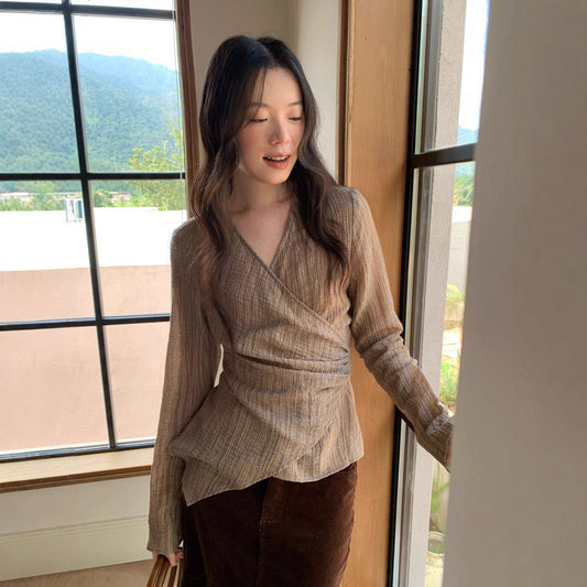 Coffee pleated irregular straps shirt top
