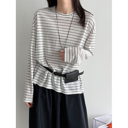 Simple lazy wind pinstripe crew neck loose top women's spring commuting long-sleeved T-shirt