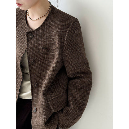 Korean round neck small fragrant jacket for women's autumn new heavy industry high-end tweed short suit