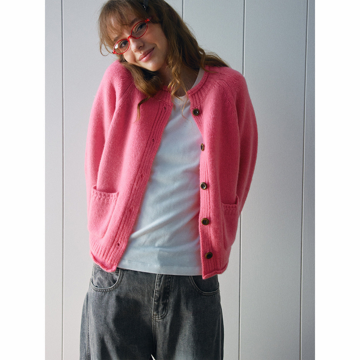 Autumn new casual round neck simple patch bag all wool thick needle solid color sweater jacket