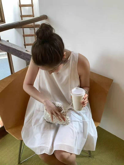 Sleeveless Dress Women Round Neck High Waist Solid Color Sundress