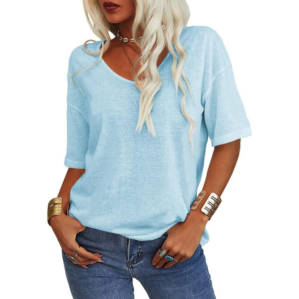 V-Neck Short Sleeve T-Shirt Women Loose Fit Casual Cotton Top