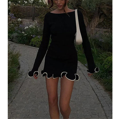 Spot sexy tight short skirt ruffle edge skirt long sleeve knitted dress skirt lace