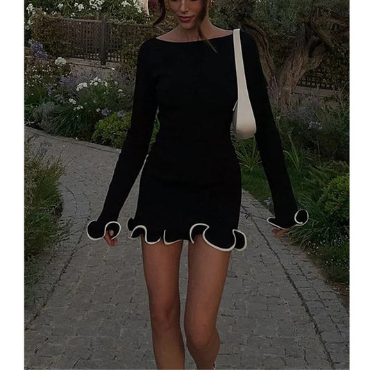 Spot sexy tight short skirt ruffle edge skirt long sleeve knitted dress skirt lace