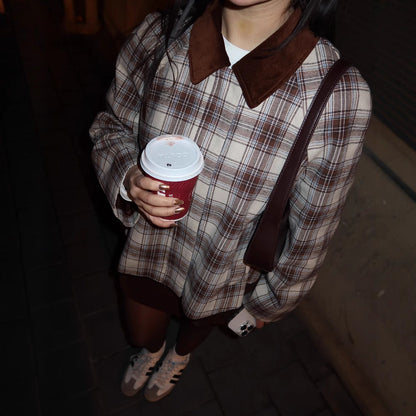 Women's autumn and winter fashion casual plaid top splicing contrasting color retro jacket jacket women