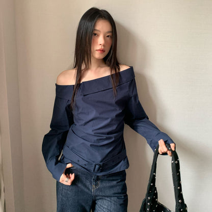 Temperament Design Sense Long Sleeve Curled Shoulder Shirt Top
