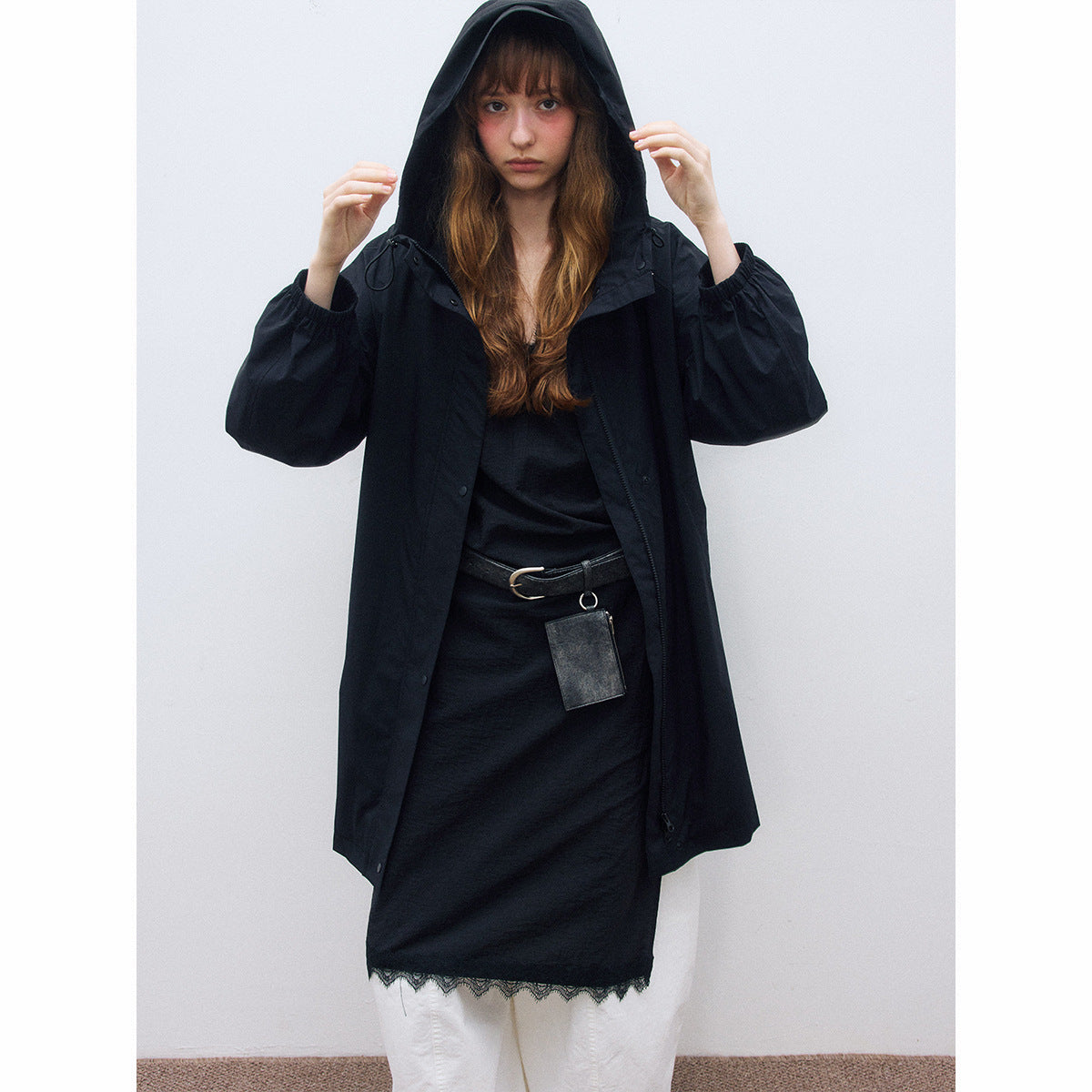Autumn new casual three-proof hooded loose drawstring long charge jacket