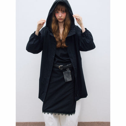 Autumn new casual three-proof hooded loose drawstring long charge jacket