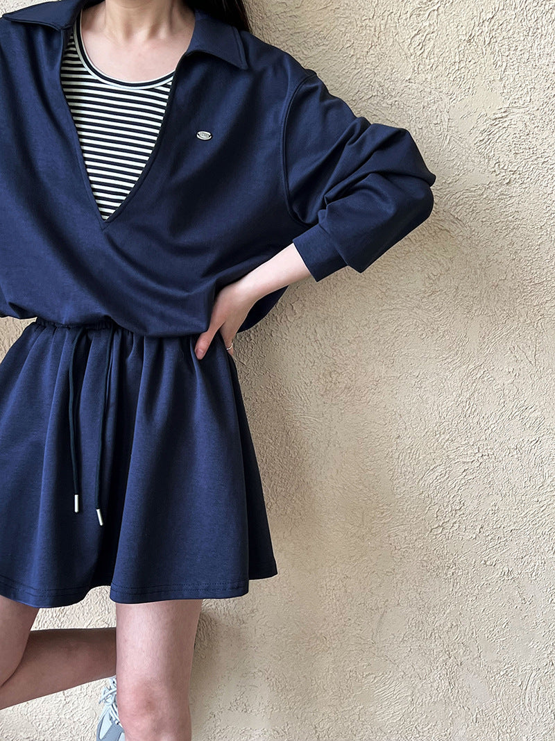 Korean age-reducing suit women's autumn new fake two-piece sweater + elastic skirt two-piece set