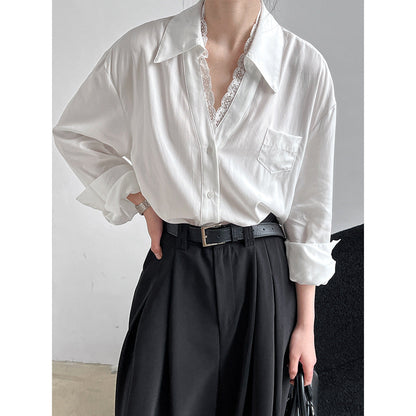 French polo collar lace splicing shirt women's spring new niche high-end temperament top