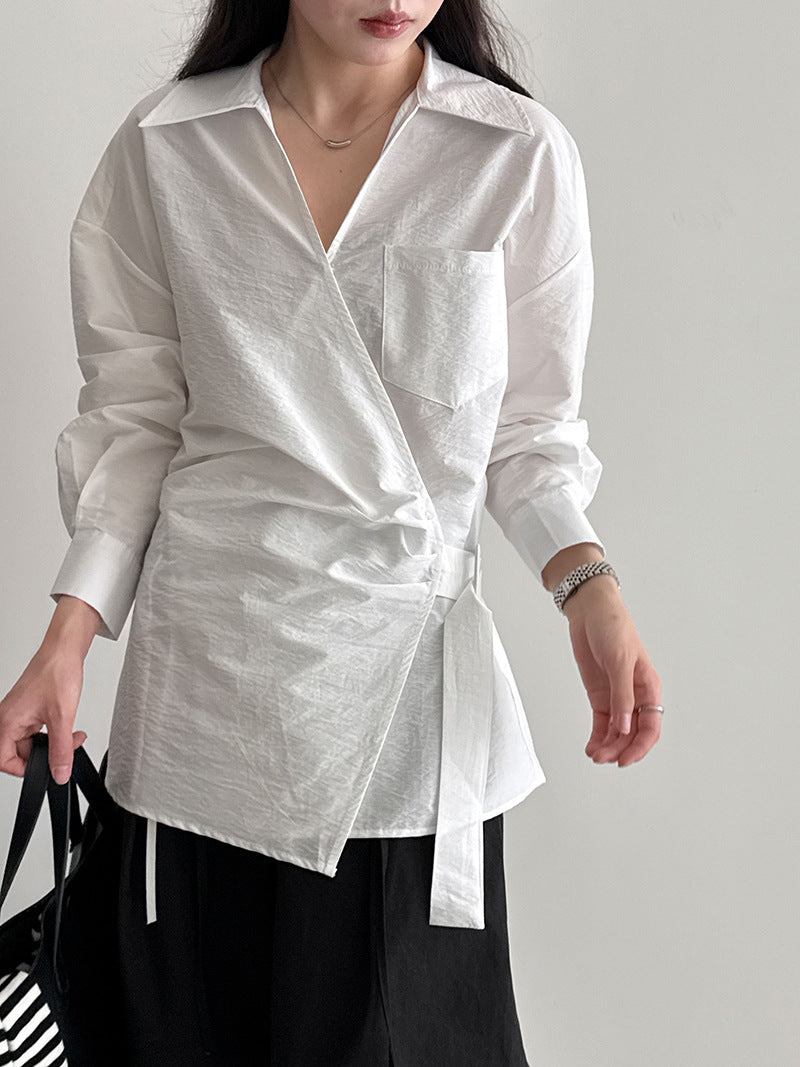 French design sense irregular cross strap shirt women's autumn new niche pleated top