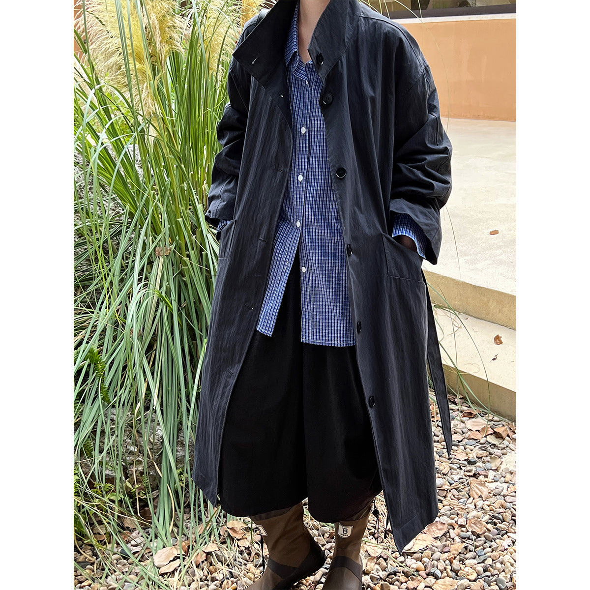 Autumn minimalist silhouette stand-up collar trench coat women's mid-length lace-up lazy style jacket top