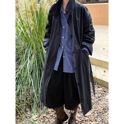 Autumn minimalist silhouette stand-up collar trench coat women's mid-length lace-up lazy style jacket top