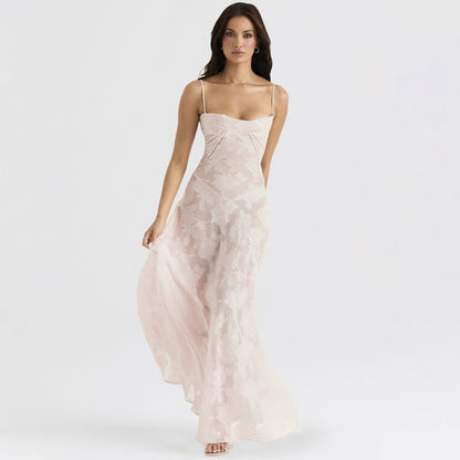 Waist slim French suspender dress one-word neck drawstring lace embroidered dress