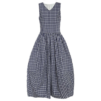 Blue plaid French dress women's spring and summer new V-neck bud vest skirt big swing dress