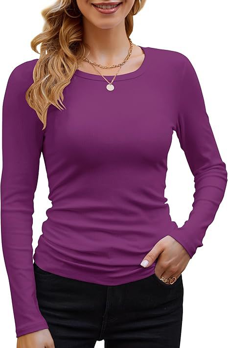 Ribbed Cotton Long Sleeve T-Shirt Women Solid Color Round Neck Slim Fit