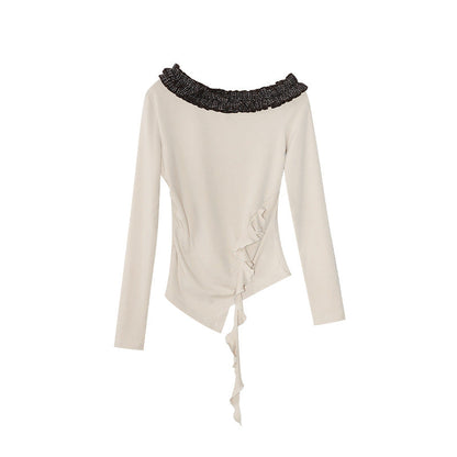 Women's Slash Shoulder Fungus Edge Long Sleeve Cotton Shirt