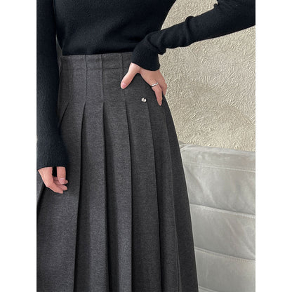 Korean high-waisted woolen pleated skirt women's autumn and winter new semi-elastic versatile casual skirt