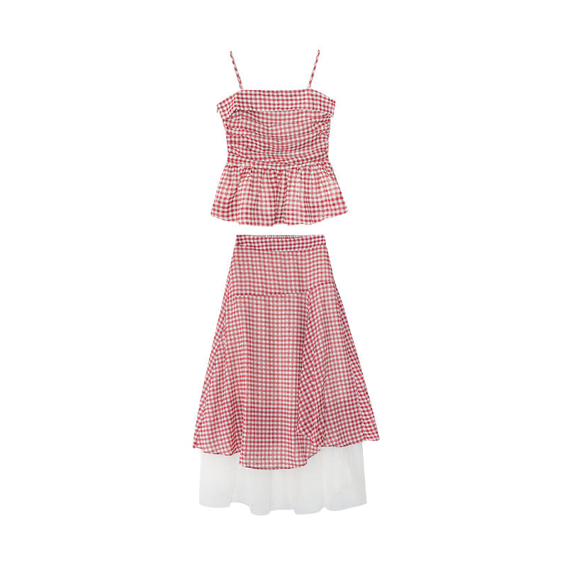 Dark red grid small fashion suit female sweet girl two-piece set