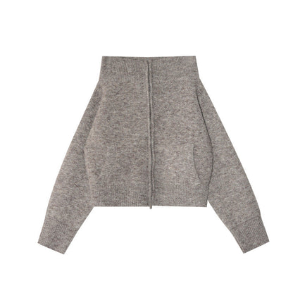 Zipper knitted cardigan one-word shoulder sweater