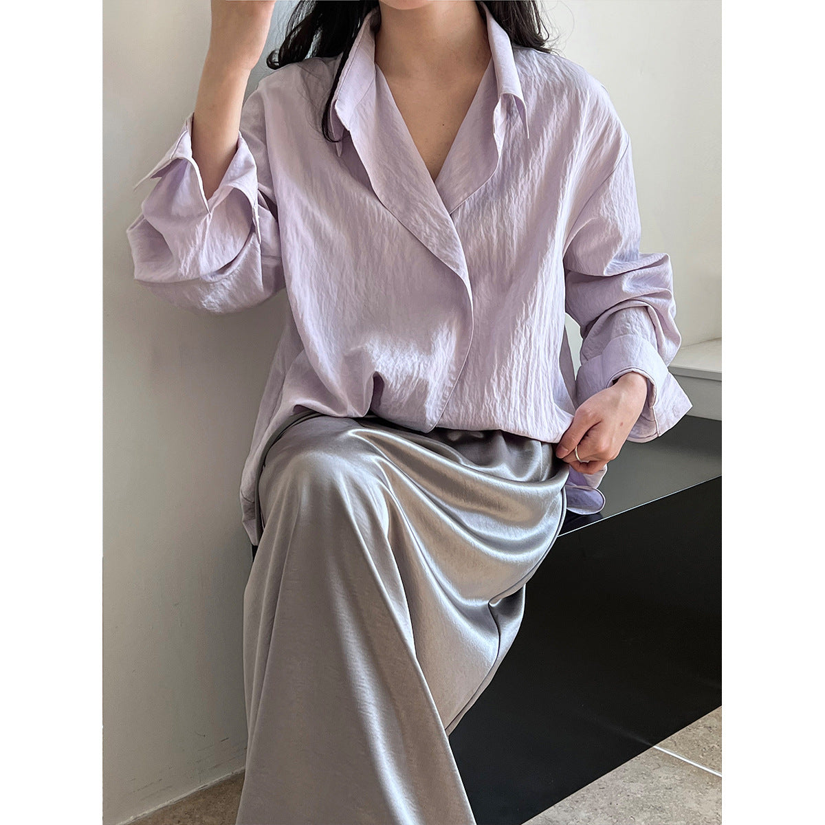 Korean slightly wrinkled texture design shirt women's spring new temperament long-sleeved top