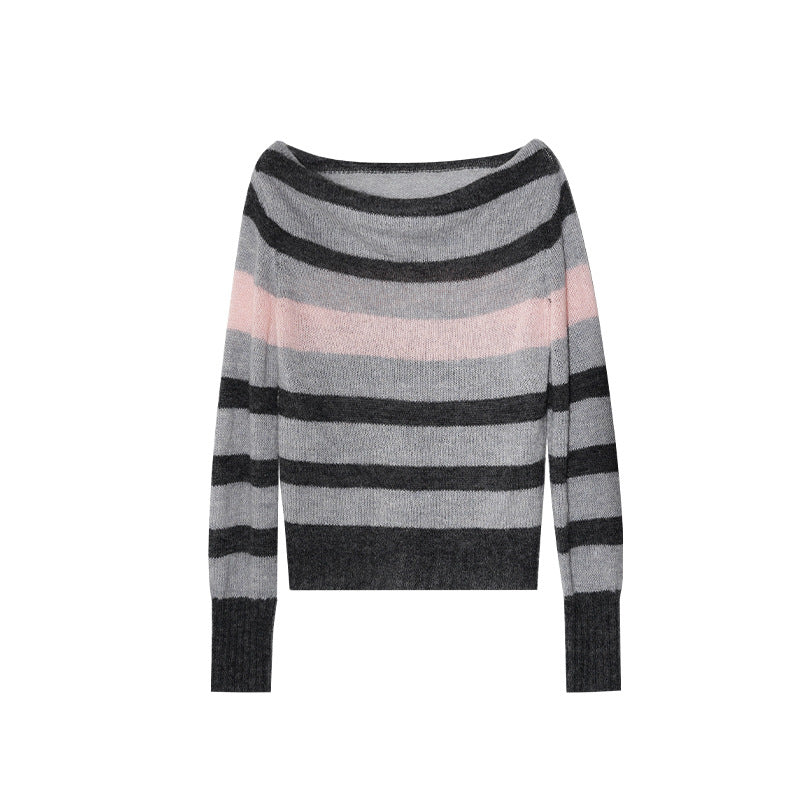 Retro striped color matching swing neck atmosphere soft waxy skin-friendly sweater