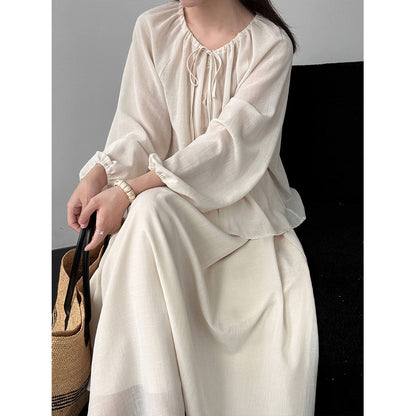 Korean gentle wind drawstring shirt + drape A-shaped skirt women's 26 spring new commuter suit