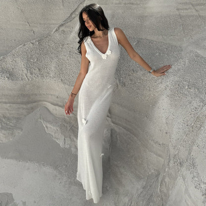 Sexy fashion vest long dress three-dimensional flower knitted dress female spice girl foreign style long