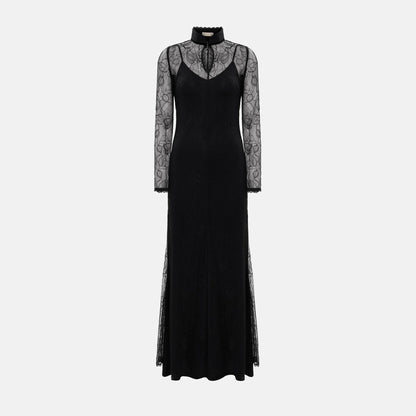 Stylish and sexy lace stitching autumn and winter long dress slim-fitting hollow dress