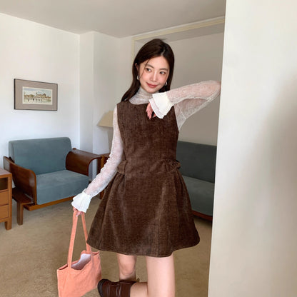 Sweet vintage velvet double bow waist vest dress