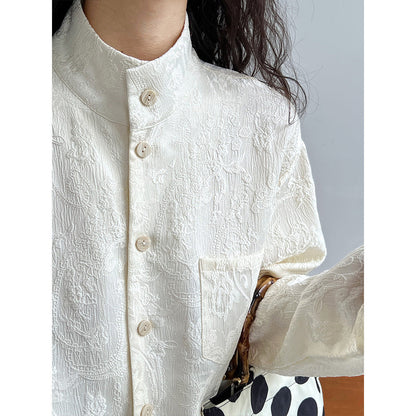 Retro new Chinese style shirt women's autumn texture jacquard stand-up collar high-end commuter top