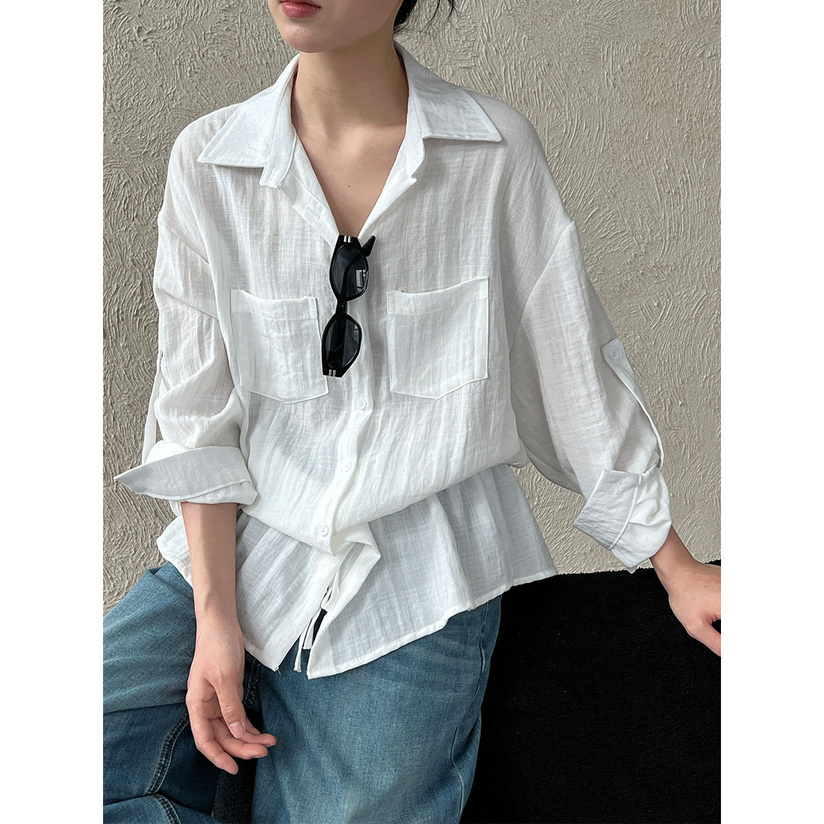 Texture lazy style shirt with waist drawstring women's summer new Korean light and thin long-sleeved shirt