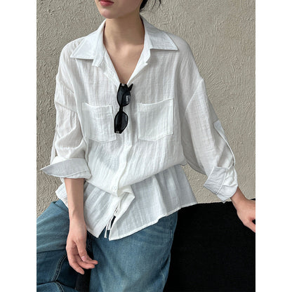 Texture lazy style shirt with waist drawstring women's summer new Korean light and thin long-sleeved shirt