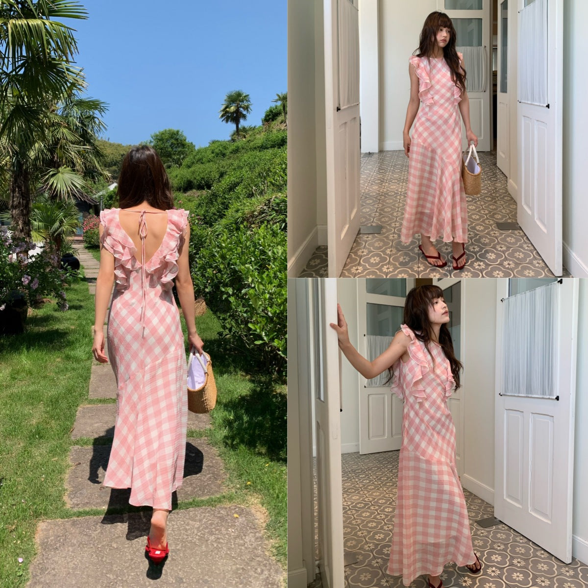 French sweet and cute plaid waist ruffle edge fishtail dress