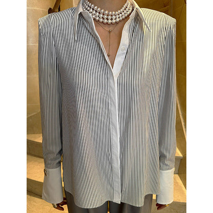 Spring and Autumn Temperament Commuter Fashion Casual High-end Shirt Women's Splicing Long Sleeve Striped Women's Shirt