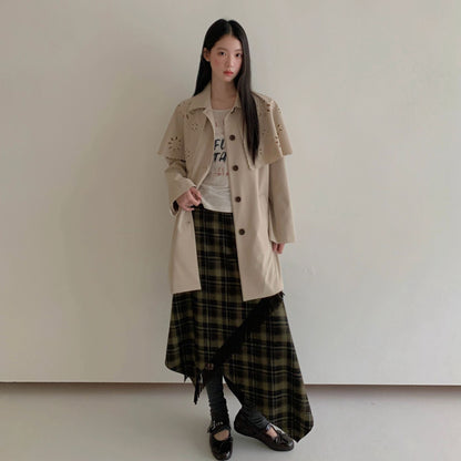 Hollow shawl lapel medium and long trench coat