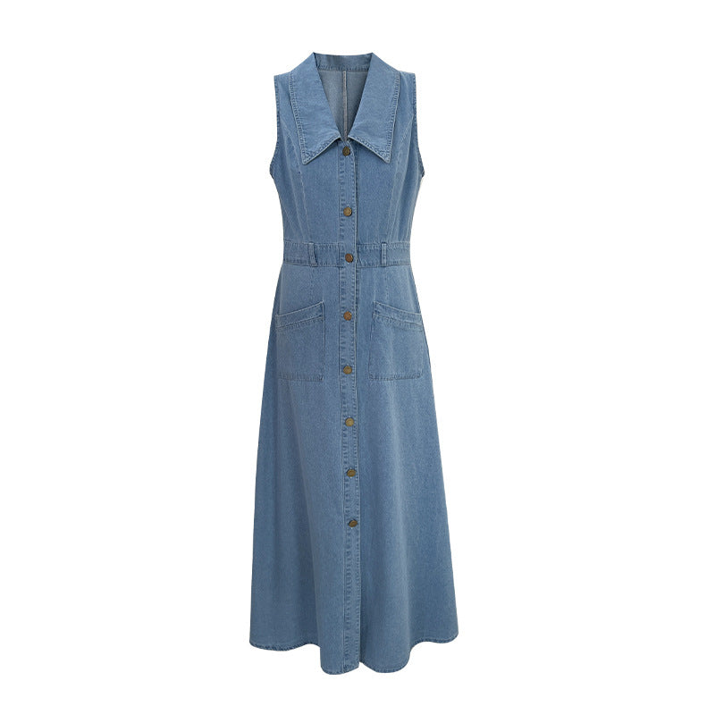 Summer French Retro Lapel Sleeveless Dress