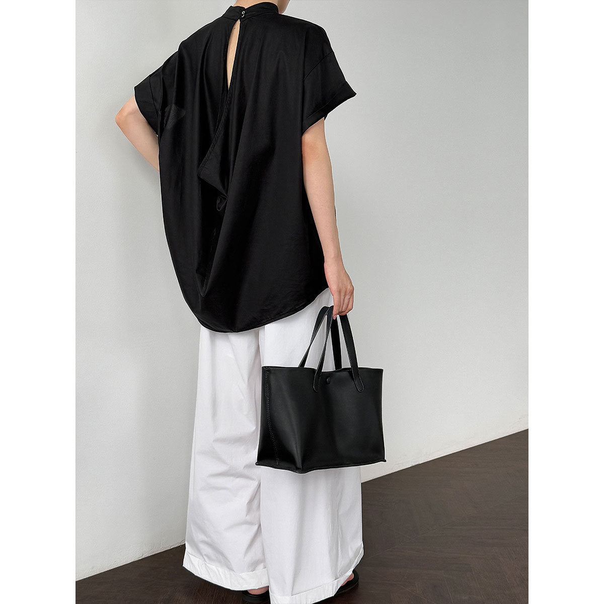 Korean-inspired, niche design blouse with a cutout back. new summer lightweight stand collar short-sleeve shirt for women