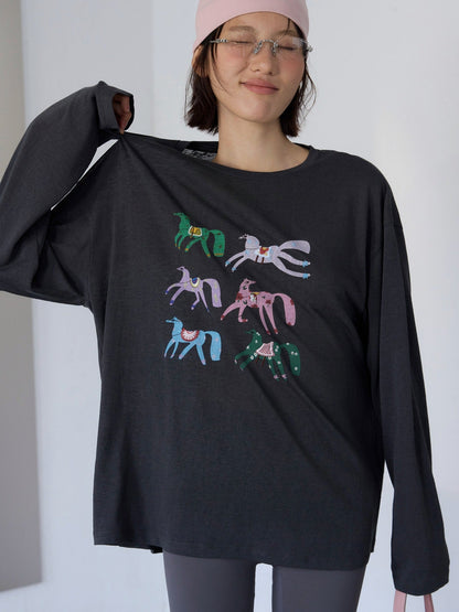 Flax mulberry silk pony print embroidered T-shirt
