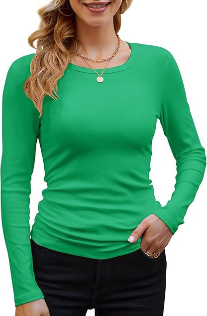 Ribbed Cotton Long Sleeve T-Shirt Women Solid Color Round Neck Slim Fit