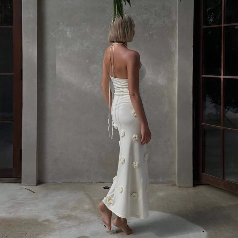 New fashion neck dress three-dimensional flower vacation wind needle hip dress